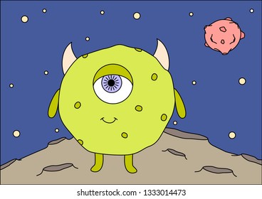 Friendly and cute monster alien. Space card