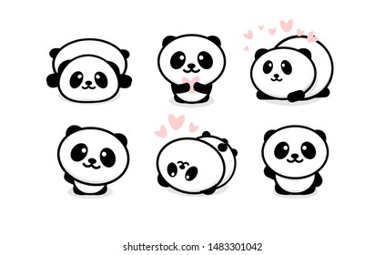 Friendly And Cute Pandas Set. Chinese Bear Icons Set. Cartoon Panda Logo Template Collection. Isolated Vector Illustration.