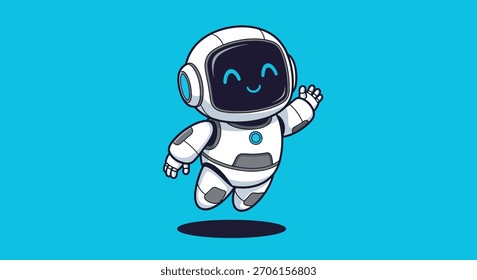 Un simpático y lindo personaje robot blanco con una cara de pantalla azul, sonriendo y saludando, con un diseño elegante y moderno.