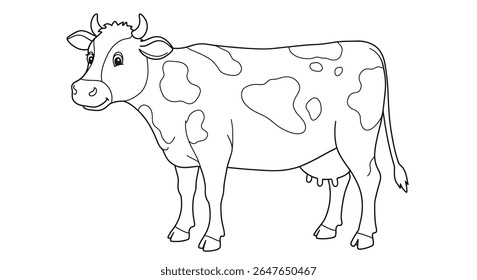 Friendly dairy cow coloring page featuring large distinct spots pattern popular with farm animal themes