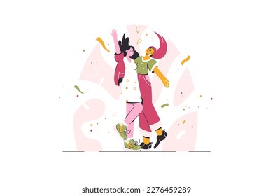 Friendly dance party. Cartoon happy characters celebrate in confetti. Happy jumping girls with falling confetti. Fun, birthday party. Friends celebrating event. Dancing People Vector Illustration.