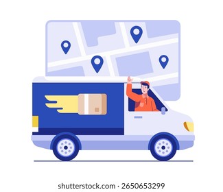 Un conductor de entrega amigable saluda desde una camioneta mientras navega por una interfaz de mapa digital con pines de ubicación. Concepto de la ilustración de la logística expresa, del seguimiento del mensajero, y del servicio de entrega del paquete