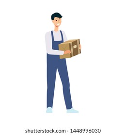 Friendly delivery man holding cardboard box. Happy male cartoon character delivering a parcel wearing worker uniform overalls and smiling, isolated flat vector illustration on white background