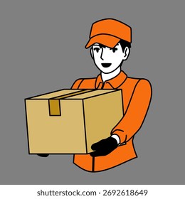 friendly delivery man in orange uniform holding cardboard package. Concept for shipping, logistics, and e-commerce services.