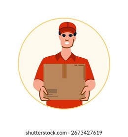 Freundliche Lieferung Mann tragen rote Uniform und Mütze, halten Pappschachtel und lächeln, die schnelle und zuverlässige Versandservice innerhalb eines gelben Kreises