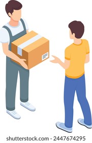 A friendly delivery person hands off a package to a happy customer in a vibrant isometric illustration. Perfect for websites and marketing materials promoting fast, reliable delivery services.