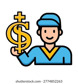A friendly delivery person holding a large golden dollar sign, representing professional logistics, shipping services, profitable business, and courier success concepts.