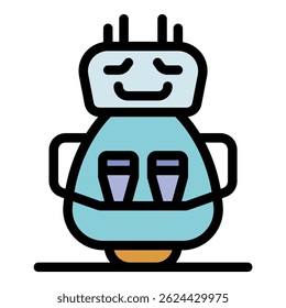 Friendly delivery robot is balancing on one wheel, holding two glasses and smiling
