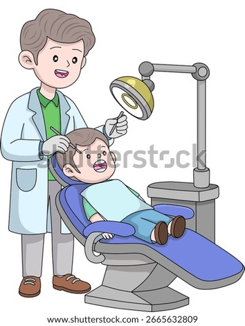 Friendly dentist examining a child's teeth. Cute cartoon illustration for pediatric dentistry, dental health, and healthcare concepts