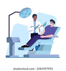 A friendly dentist explains a procedure to a patient in a dental chair Perfect for healthcare websites and brochures