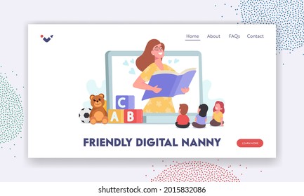 Friendly Digital Nanny, Babysitting Landing Page Template. Character Read to Kids. Baby Sitter Nanny Online Service, Personal Childcare Nanny on Huge Device Screen. Cartoon People Vector Illustration