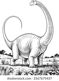 A friendly dinosaur with a big smile walks through an ancient forest. Surrounding it are palm trees, a small volcano, and birds flying in the sky. Perfect for coloring and learning fun