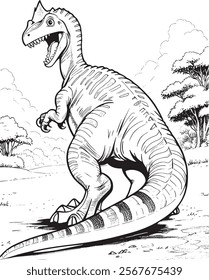A friendly dinosaur with a big smile walks through an ancient forest. Surrounding it are palm trees, a small volcano, and birds flying in the sky. Perfect for coloring and learning fun