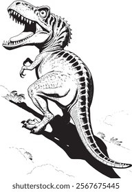 A friendly dinosaur with a big smile walks through an ancient forest. Surrounding it are palm trees, a small volcano, and birds flying in the sky. Perfect for coloring and learning fun