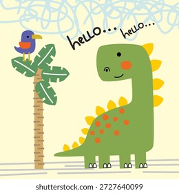 Saudação amigável de caracteres de dinossauro com texto de saudação ao lado de palmeira e ilustração de pássaro. Conceito de comunicação infantil

