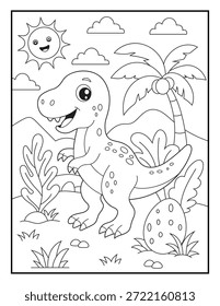 Dibujo para colorear de línea de dinosaurio amistoso para niños. Dino sonriente de pie feliz en un paisaje prehistórico soleado con palmeras, plantas, nubes y un sol alegre.
