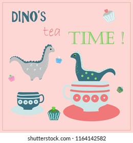 Friendly dinosaur's drinking tea, eating cakes. Tea time vector concept