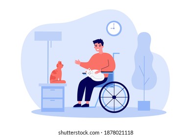 Friendly disabled guy keeping cats. Person on wheelchair, pets, home flat vector illustration. Disability, animals care, therapy concept for banner, website design or landing web page