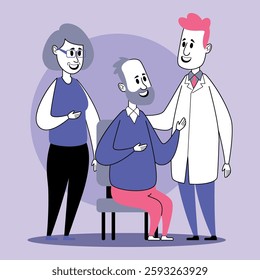 Friendly doctor consulting with elderly man in clinic, supported by caregiver. Health and wellness discussions in professional and caring environment