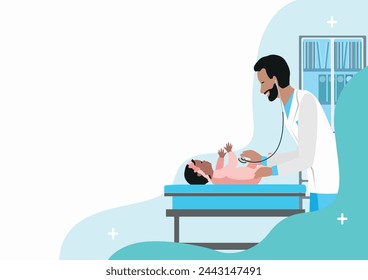 A friendly doctor examines a newborn baby in his office. Pediatrics. Child development. Vector illustration in flat style with empty space for text on a white background.