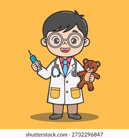 Friendly doctor illustration vector icon for kids' healthcare stickers, medical books, and clinics