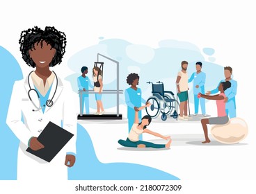 Friendly doctor in a rehabilitation center. Physiotherapy. Restoring health after illness and injury. Flat vector illustration.