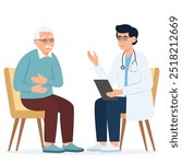 Friendly doctor sees elderly, makes diagnoses, prescribes treatment. Senior man with stomach ache.Doctor and patient.Vector illustration