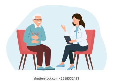 Friendly doctor sees elderly, makes diagnoses, prescribes treatment. Senior man with stomach ache.Doctor and patient.Vector illustration