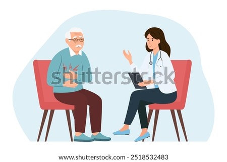 Friendly doctor sees elderly, makes diagnoses, prescribes treatment. Senior man with stomach ache.Doctor and patient.Vector illustration