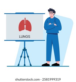 A friendly doctor stands confidently beside a flip chart showing lung anatomy Perfect for healthcare presentations and educational materials