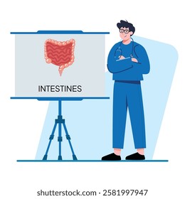 A friendly doctor stands proudly beside a presentation board displaying an intestines diagram Perfect for medical websites or educational materials