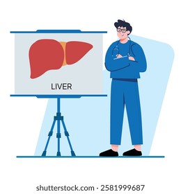 A friendly doctor stands proudly beside a flip chart showing a stomach diagram Great for medical websites or educational materials