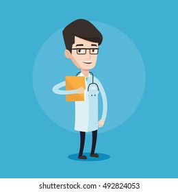 Friendly doctor with stethoscope and a file. Young doctor in medical gown carrying folder of patient or medical information. Vector flat design illustration isolated on blue background. Square layout.