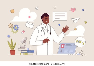 Friendly doctor with stethoscope greets with hand gesture in modern office with laptop and microscope. Sending prescription for medicine by e-mail. Reception of patients and online consultations. 