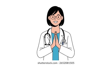 Médico amigável com estetoscópio recebe pacientes com gesto de namaste