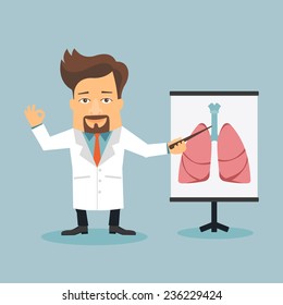 Friendly Doctor therapist flat cartoon character. Anatomical shape of human lungs