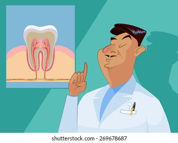 Friendly Doctor therapist flat cartoon character. Anatomical shape of human tooth