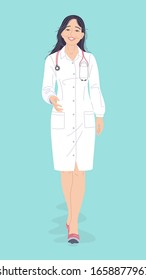 Friendly doctor woman in white coat isolated on turquoise background. Simple female character in full length. Caring medical worker talking to patient. Healthcare service vector flat illustration.