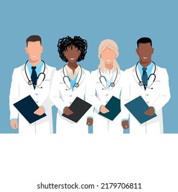 Friendly doctors. Thank you doctors and nurses for helping and saving lives. Medicine and health. Vector illustration horizontal in flat style on abstract background