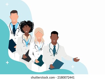 Friendly doctors. Thank you doctors and nurses for helping and saving lives. Medicine and health. Vector illustration horizontal in flat style on abstract background