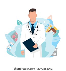 Freundliche Ärzte. Vielen Dank an Ärzte und Krankenschwestern für Ihre Hilfe und Ihre Rettung. Medizin und Gesundheit. Vektorgrafik waagerecht auf abstraktem Hintergrund
