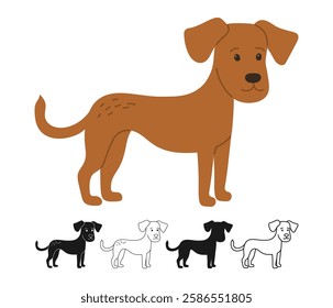 Friendly Dog cartoon linear symbol or icon illustration set. Cute simple dog silhouette or doodle art. Funny sign adorable domestic pedigree pet animal. Comic hand drawing childish isolated vector art