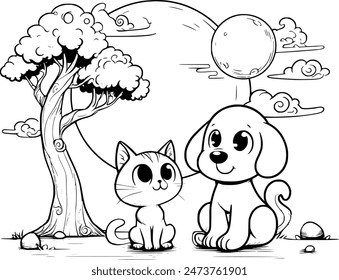 Friendly dog and cat sit under a tree, playful and serene. Perfect for kids' coloring books. Capture the charm of this delightful duo