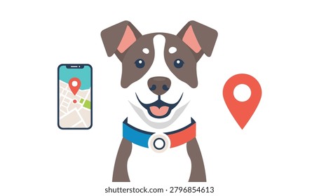 Friendly dog character standing next to a smartphone displaying a map and a red location pin, emphasizing pet tracking technology, location services, and animal care apps.