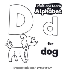 Friendly dog holding a bone and moving its tail ready to be colored, with didactic alphabet representing letter D in majuscule and minuscule.