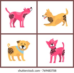 Friendly dogs in playful mood that have bright fur of yellow and pink colors and black spots isolated vector illustration on white background.