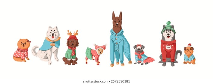 Friendly domestic dogs in warm clothing flat color vector icon set. Adorable canine pets ready for Christmas characters pack on white background