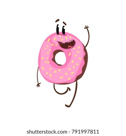 Friendly doughnut character walking and waving hand. Cartoon ring donut with pink glazing and sprinkles. Street food. Flat vector design for print, sticker or cafe