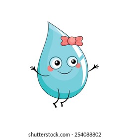 Friendly drop of rain with a pink bow. Collection of cute natural phenomena in cartoon style