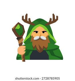 A friendly druid character designed in a clean flat style, featuring nature elements like leaves and a wooden staff. This fantasy forest guardian represents environmental magic and ancient wisdom. Perfect for RPG game assets, eco-friendly themes, stickers, and children's fantasy books.